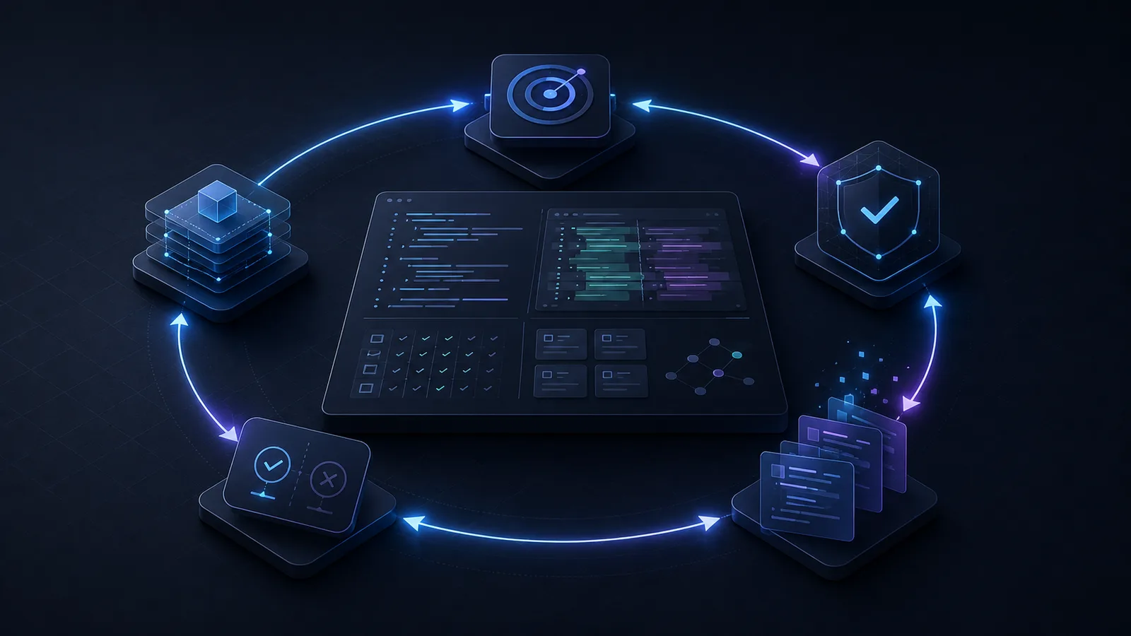 Dark technical illustration of a glowing feedback loop around a central review surface, with target, shield, evidence, decision, and data nodes