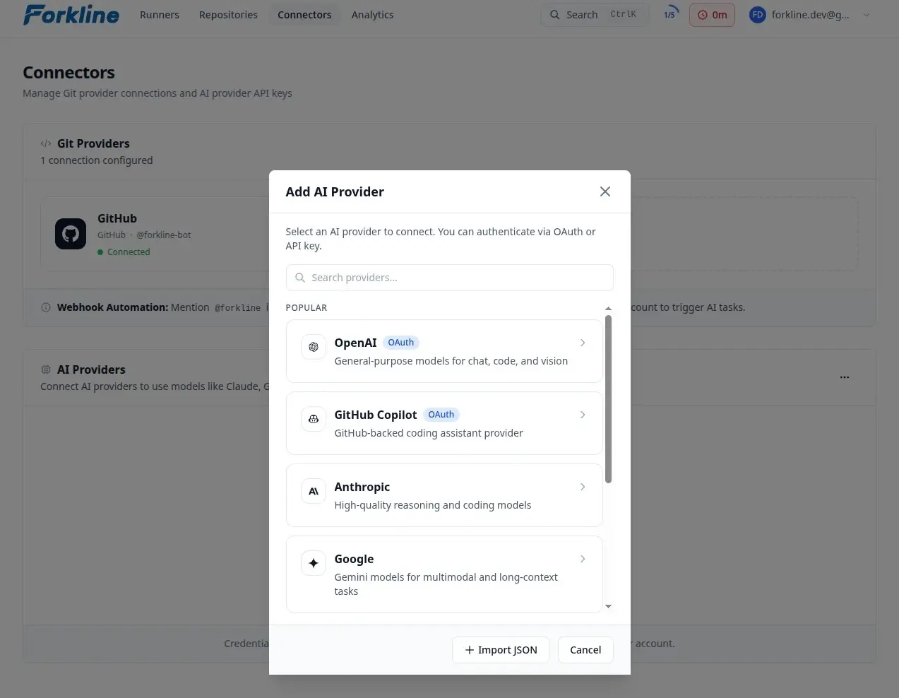 Screenshot of the Add AI Provider modal showing provider selection and API key input.