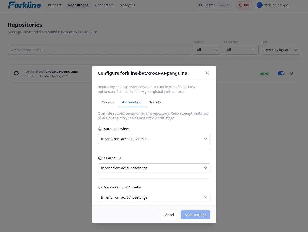 Automation settings in repository