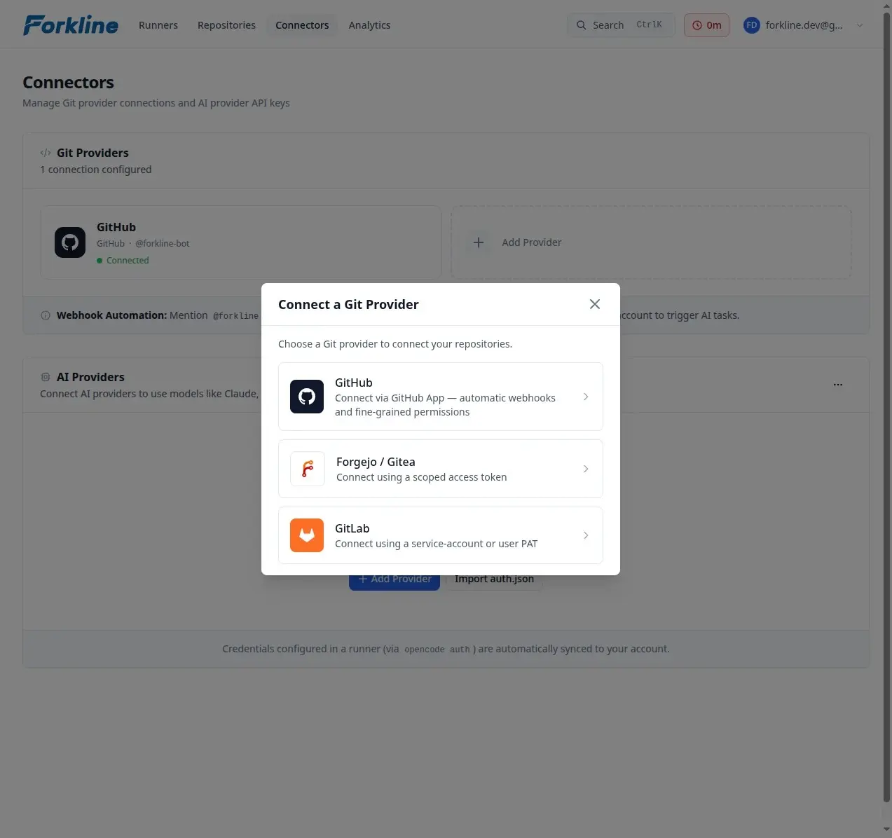 Git provider selection modal