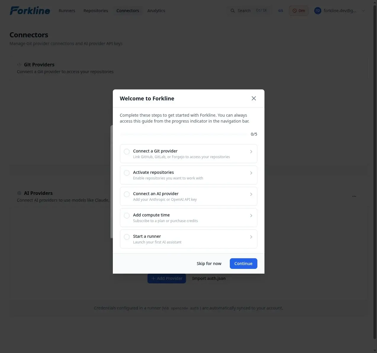 Screenshot of the Forkline welcome modal showing first steps to get started.