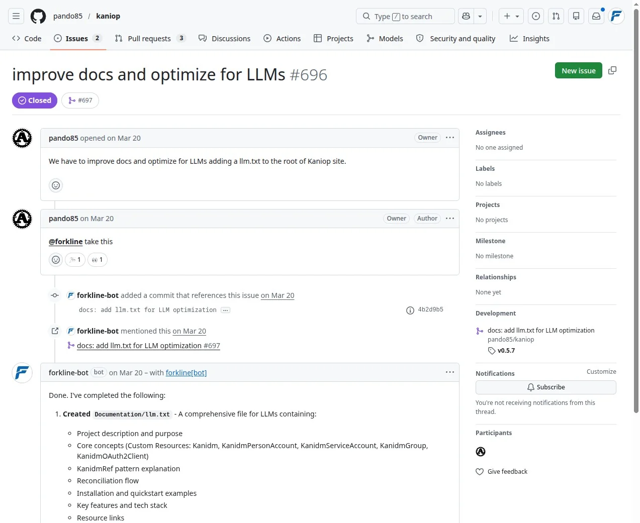 Screenshot of a GitHub issue with an @forkline mention triggering a runner.