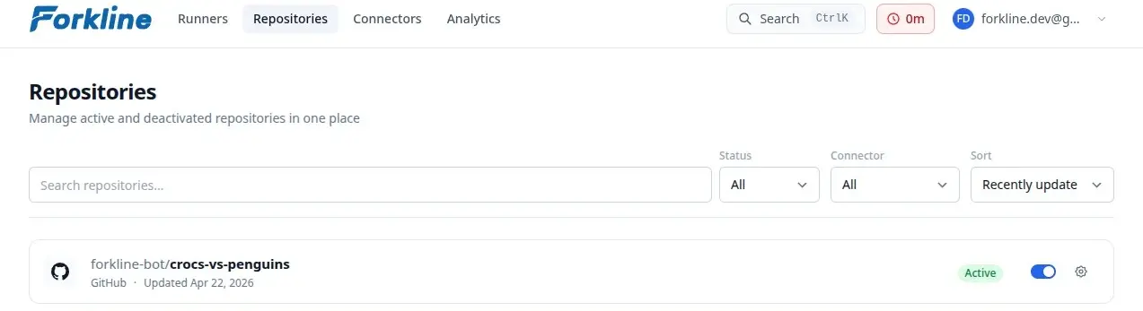 Screenshot of the Repositories page showing an activated repository with Active status.