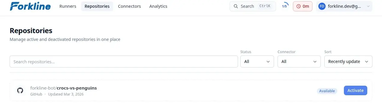 Screenshot of the Repositories page showing an available repository with the Activate button highlighted.
