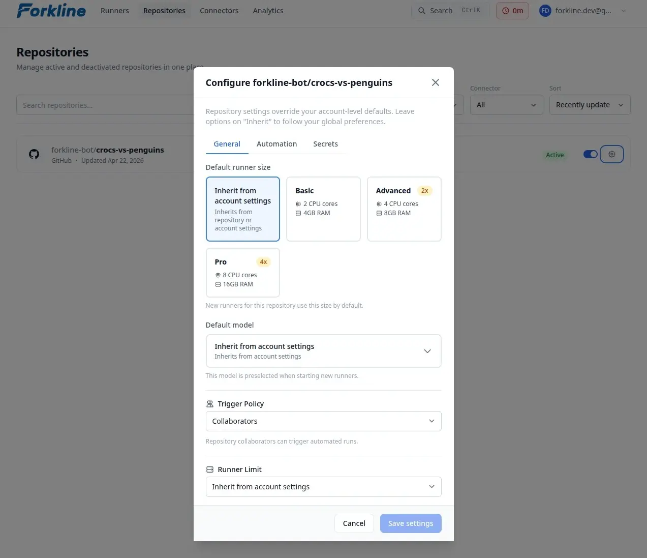 Repository settings modal - General tab