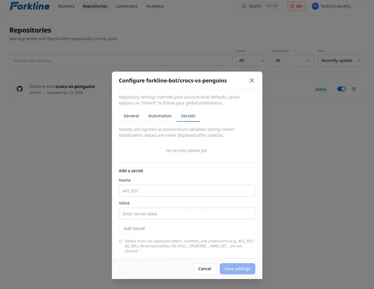 Secrets tab in repository settings