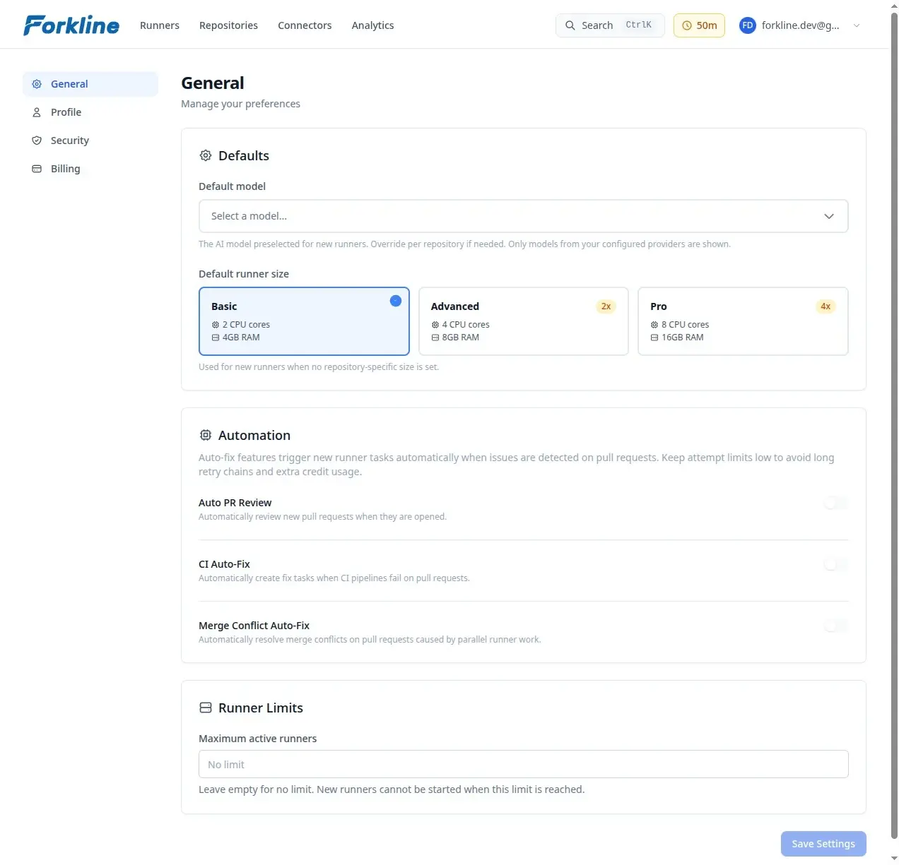 General settings with runner limits